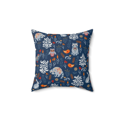 Fairy forest pillow with cartoon woodland animals like owls, raccoons, and bunnies