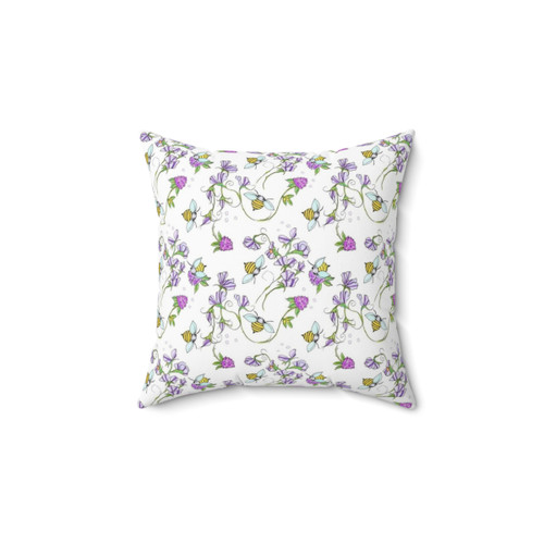 Whimsical floral pillow with bees and sweet peas design