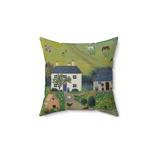 Countryside Charm Pillow featuring a rural landscape with chickens, horses, and a white cottage