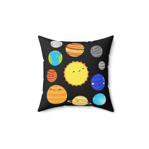 Vibrant solar system throw pillow featuring planets and stars