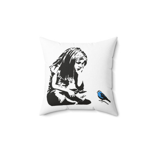 Banksy Graffiti Pillow Featuring Girl with Blue Bird