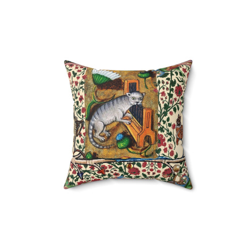 Medieval-inspired pillow with cat playing organ and rabbit playing harp