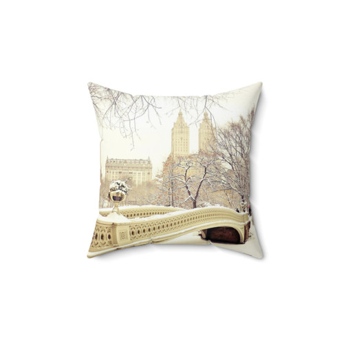 Winter in Central Park Pillow with Snowy Landscape and Bow Bridge