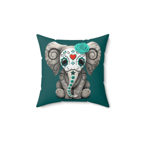 Teal Blue Day of the Dead Sugar Skull Baby Elephant Pillow