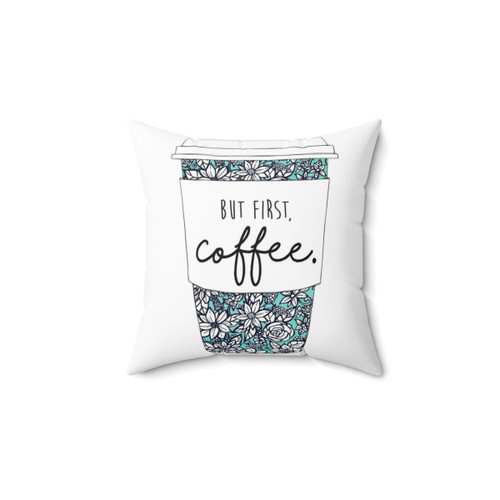 Floral coffee-themed decorative pillow