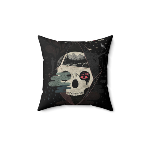 Surreal skull pillow with abstract geometric and nature design