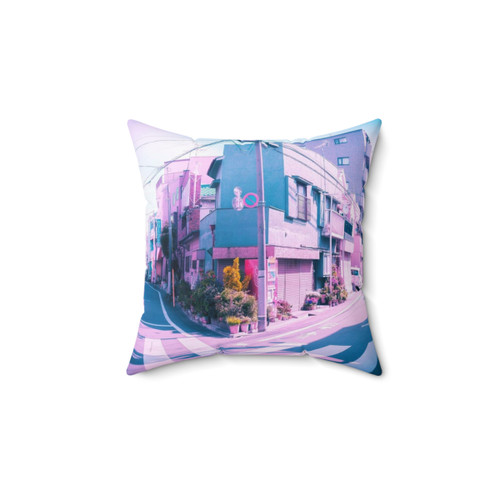 Vaporwave-inspired pillow with Tokyo residential area scene