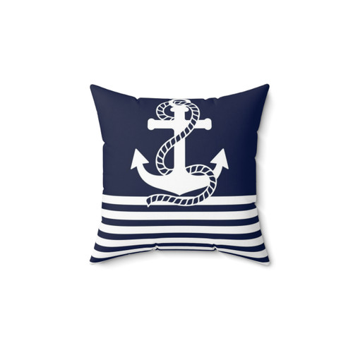 Navy blue and white striped anchor pillow