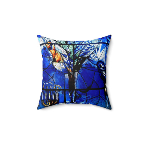 Chagall-inspired decorative pillow with menorah and tree design