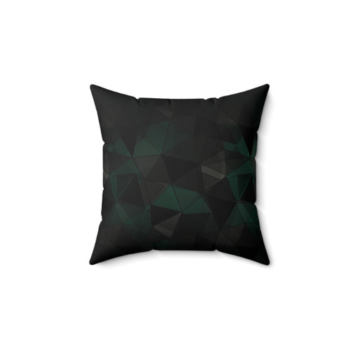 Abstract geometric pattern pillow in turquoise, black, and grey triangles