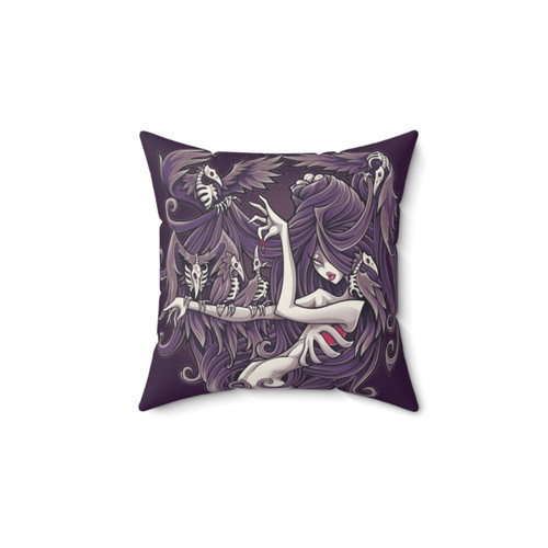 Ravenous gothic pillow featuring a powerful woman with raven and skull imagery