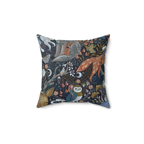 Whimsical Gothic Pattern Pillow with Owl, Fox, and Mushroom Designs