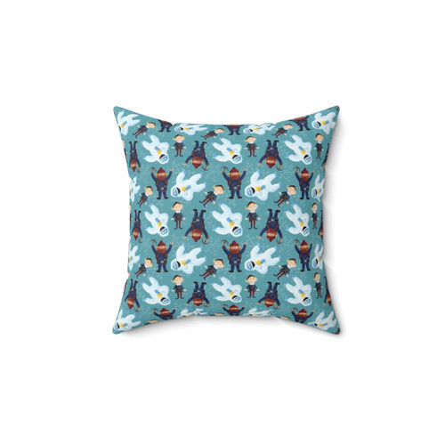 Teal snowflake pillow with Yukon and Bumble the Abominable Snow Monster characters