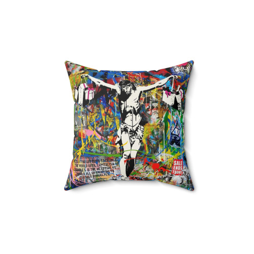 Vibrant Banksy-inspired pop art pillow