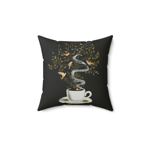 Surreal coffee dreams pillow with nature and bird motifs