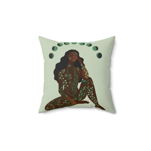 Meditation pillow with green and brown moon phase design
