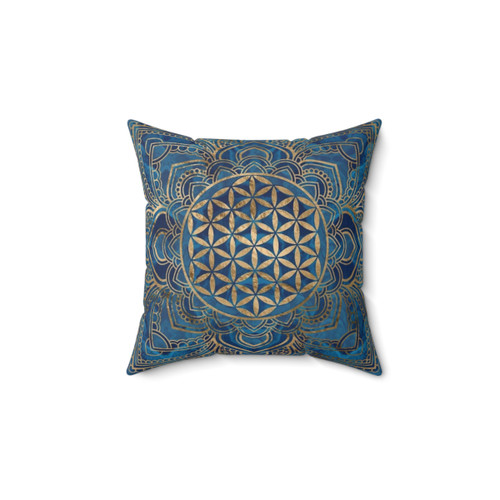 Flower of Life Lotus Mandala Blue Marble & Gold Pillow