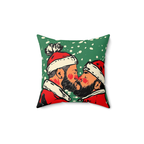 Festive Pillow with Two Santa Clauses Kissing in the Snow
