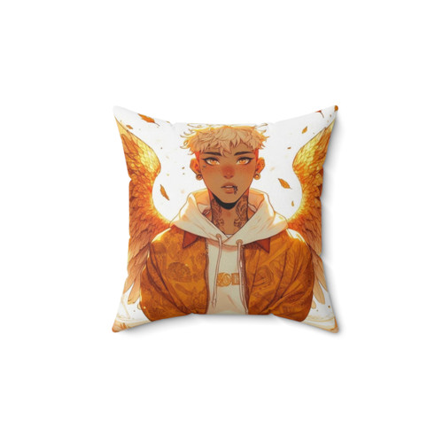 Ethereal guardian angel pillow with freckles and golden halo
