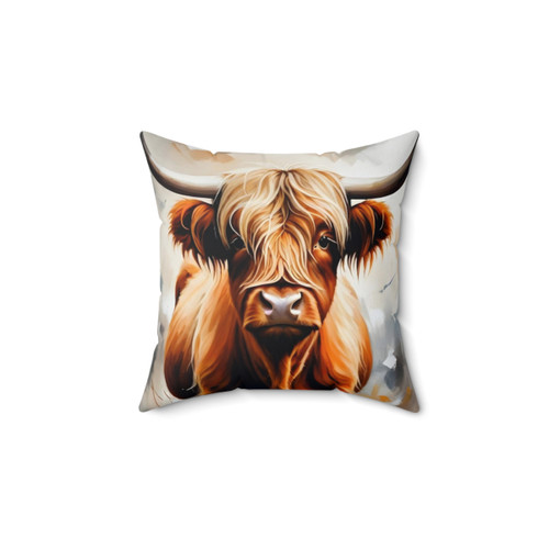 Soft, fluffy Scottish Highland cow portrait pillow