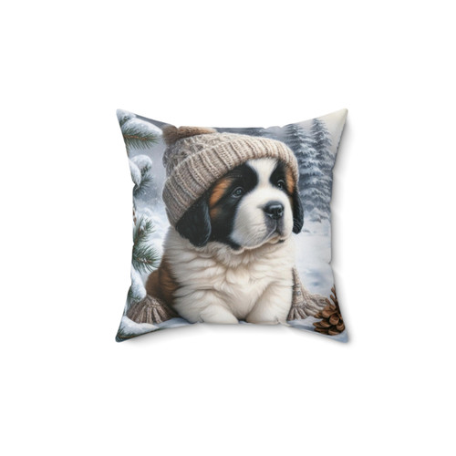 Adorable Saint Bernard puppy in a winter hat and snow design pillow