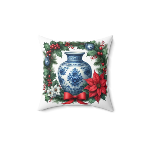 Chinoiserie Christmas Wreath Pillow with Ginger Jar Design