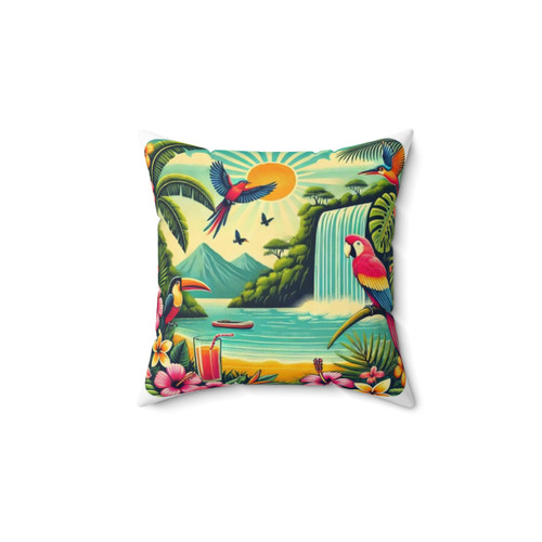Tropical jungle pillow with vibrant floral and bird design