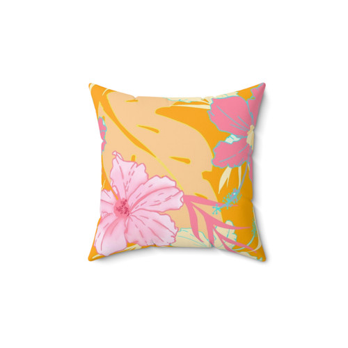 Tropical Island Hibiscus Flowers and Monstera Leaves Pillow