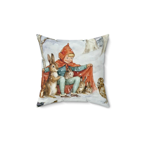 Margaret Tarrant Christmas Pillow with Cute Woodland Animals in Snowy Forest