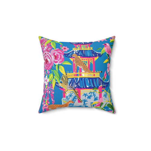 Preppy cheetah print pillow with chinoiserie garden design