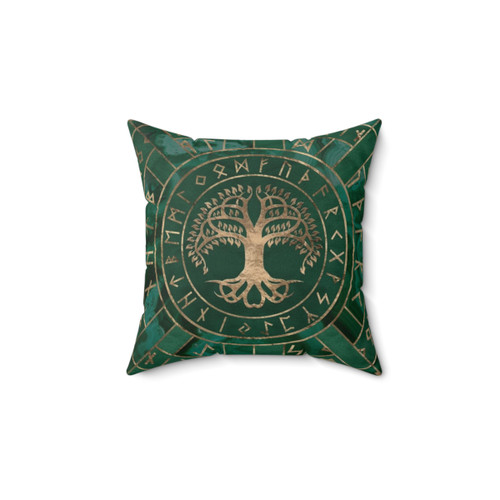 Tree of Life Malachite Decorative Pillow with Yggdrasil & Futhark Design
