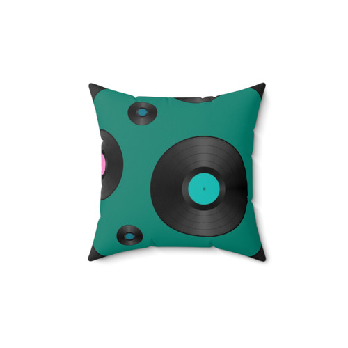 Retro vinyl record pattern pillow with pink, teal and purple colors