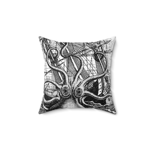 Vintage Kraken Attacking Ship Illustration Pillow