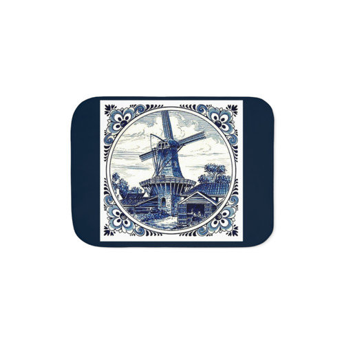 Vintage Windmill Print Sherpa Blanket - DUTCH BLUE DELFT