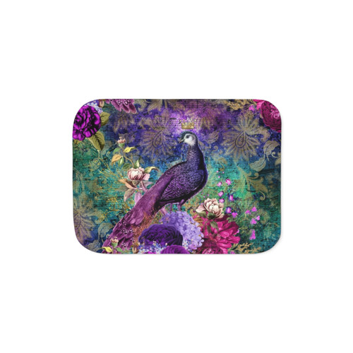 Elegant vintage sherpa blanket featuring purple and teal peacocks