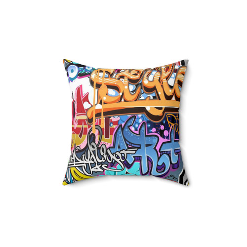 Graffiti-style colorful throw pillow with urban street art design