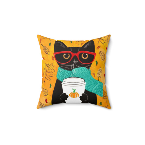 Autumn Pumpkin Coffee Cat Pillow