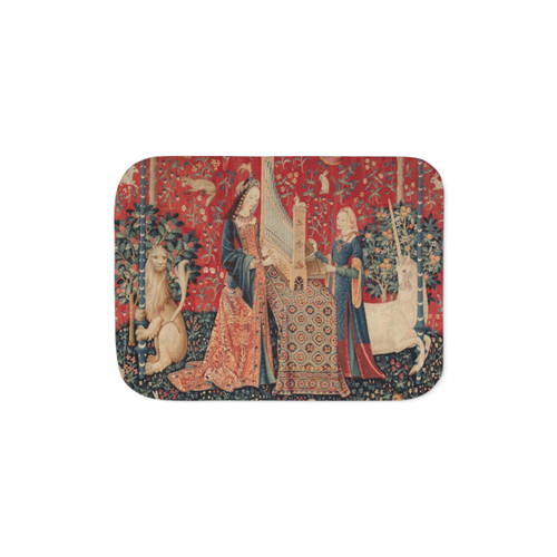 Midnight Floral Tapestry Sherpa Blanket featuring a unicorn in a mythical garden