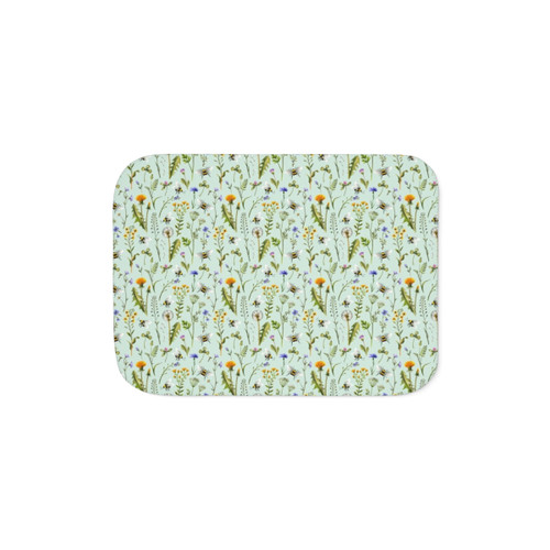 Mint Sherpa Blanket with Bees and Wildflowers