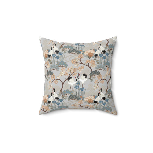 Gray Japanese Garden Pillow with Cranes and Floral Design