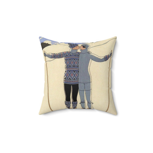 Vintage French skiing couple illustration pillow