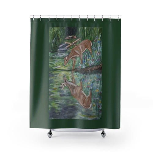 Hand-painted Echoes in the Water Shower Curtain featuring deer and nature artwork