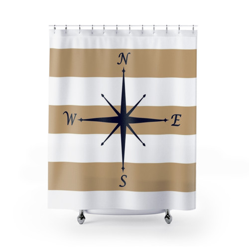 Nautical Compass Shower Curtains - Tropical Tan and White Stripes