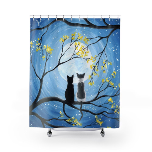 Cats Full Moon Shower Curtain with Acrylic Painting Artwork
