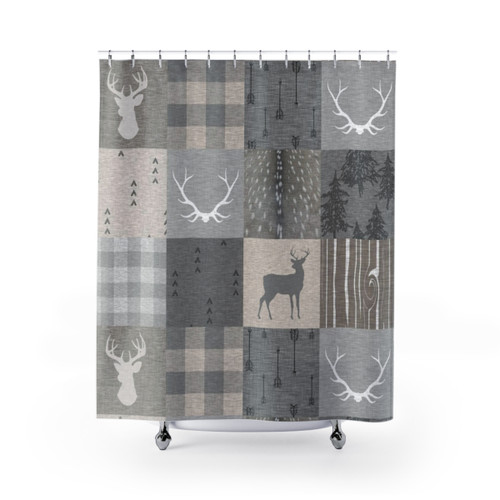 Rustic Woodland Patchwork Shower Curtains in Grey and Beige