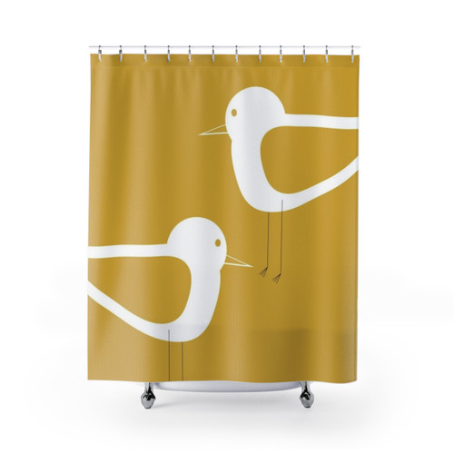 Minimalist coastal shower curtain with shorebird design