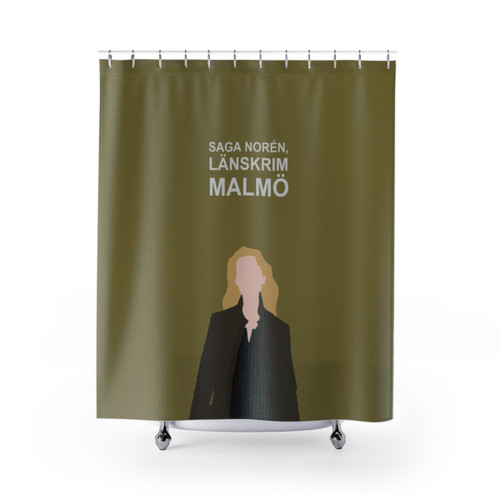 Nordic Noir Shower Curtains featuring characters from Saga Noren / Broen, Bron, The Bridge