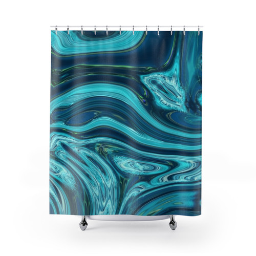 Mid Century Modern Shower Curtains with Abstract Blue Teal Marble Swirls