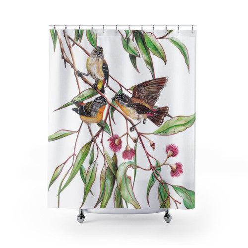 Spotted Pardalotes on Pink Flowering Gum Shower Curtain
