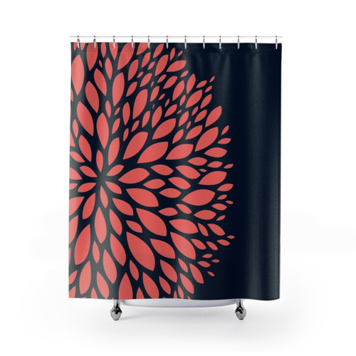 Navy Blue and Coral Flower Design Shower Curtains